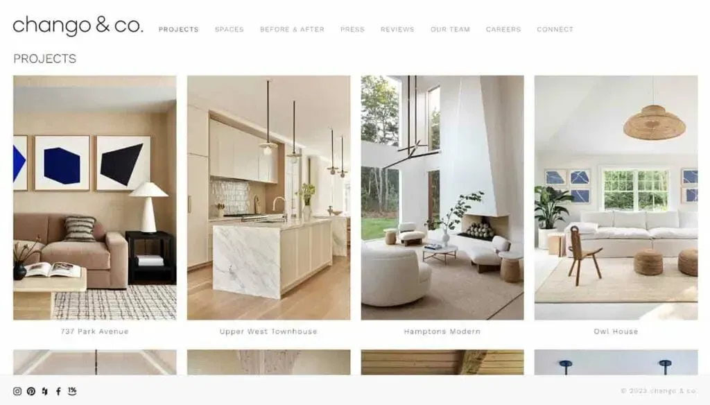 The image showcases a clean, modern interior design portfolio on a website, featuring four project thumbnails of elegantly styled living spaces with contemporary furniture, neutral color palettes, and minimalist decor.