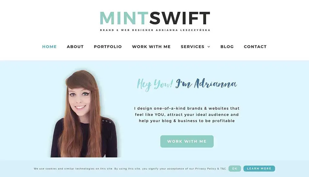 This image shows a webpage header for "MintSwift," highlighting brand and web design services with a mint-colored theme, featuring navigation links for Home, About, Portfolio, Work With Me, Services, Blog, and Contact, and featuring a friendly greeting and portrait of a female designer.