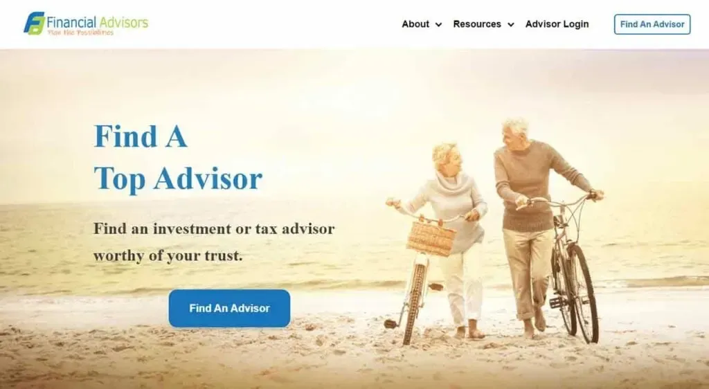 Elderly couple walking on a beach with bicycles, captured during a serene, sunny day, promoting financial advisors for investment and tax guidance on a website banner.