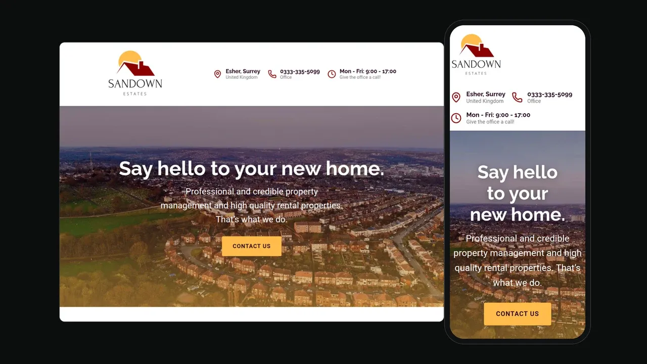 El sitio web de Sandown Estates mostrado en una laptop y un teléfono: un encabezado que dice Diga hola a su nuevo hogar sobre una vista aérea de viviendas inglesas, con un botón de Contáctenos.