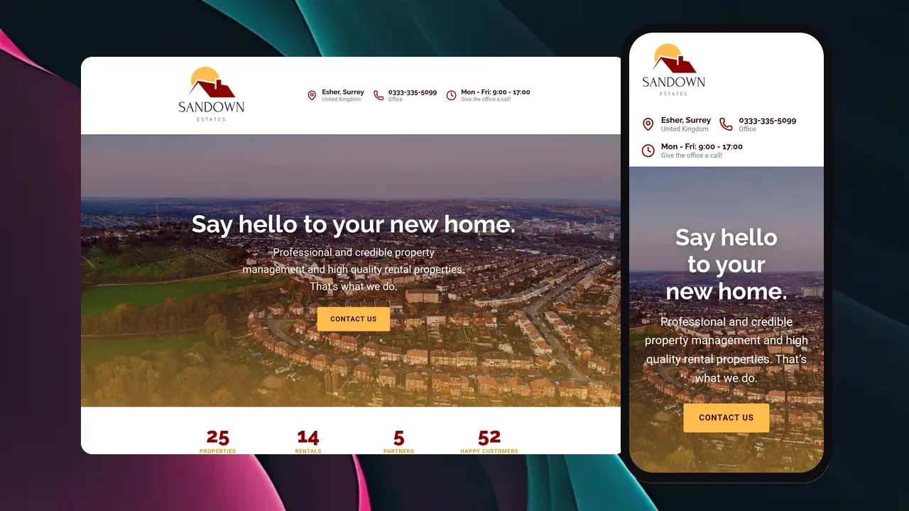 El sitio web de Sandown Estates mostrado en una laptop y un teléfono: un encabezado que dice Diga hola a su nuevo hogar sobre una vista aérea de viviendas inglesas, con un botón de Contáctenos.
