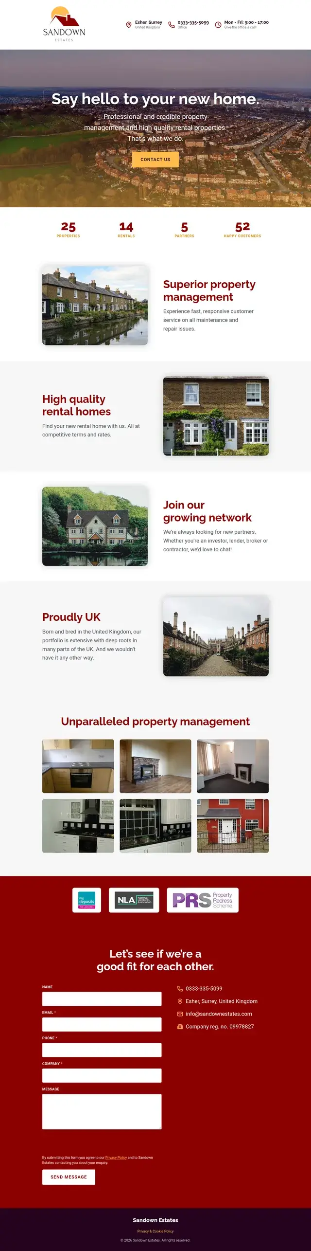 Página de aterrizaje de Sandown Estates con estadísticas como 25 propiedades y 52 clientes satisfechos, secciones sobre gestión de propiedades y hogares de alquiler de calidad, una cuadrícula de fotos de interiores y un formulario de contacto.