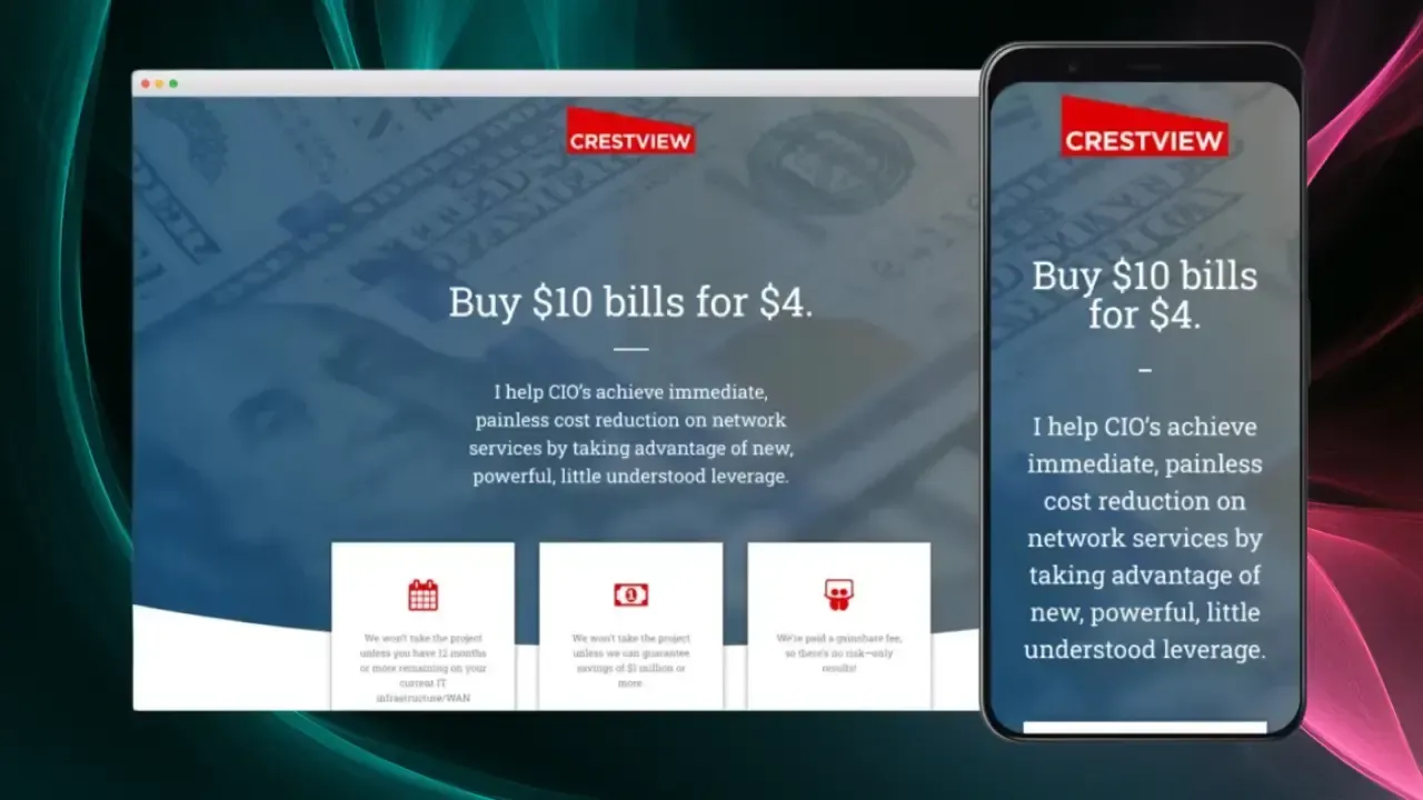 Un diseño responsivo muestra una página web de marketing en múltiples dispositivos, con una oferta promocional de comprar 10 facturas por 4, con énfasis en lograr reducciones de costos sin dolor en servicios de red.