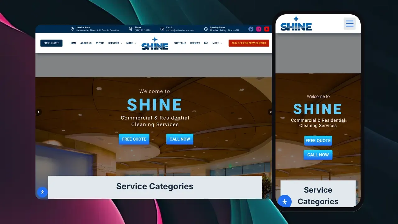 The Shine Cleaning Services website shown on a laptop and phone: a Welcome to Shine hero for commercial and residential cleaning with Free Quote and Call Now buttons over a photo of a bright lobby.