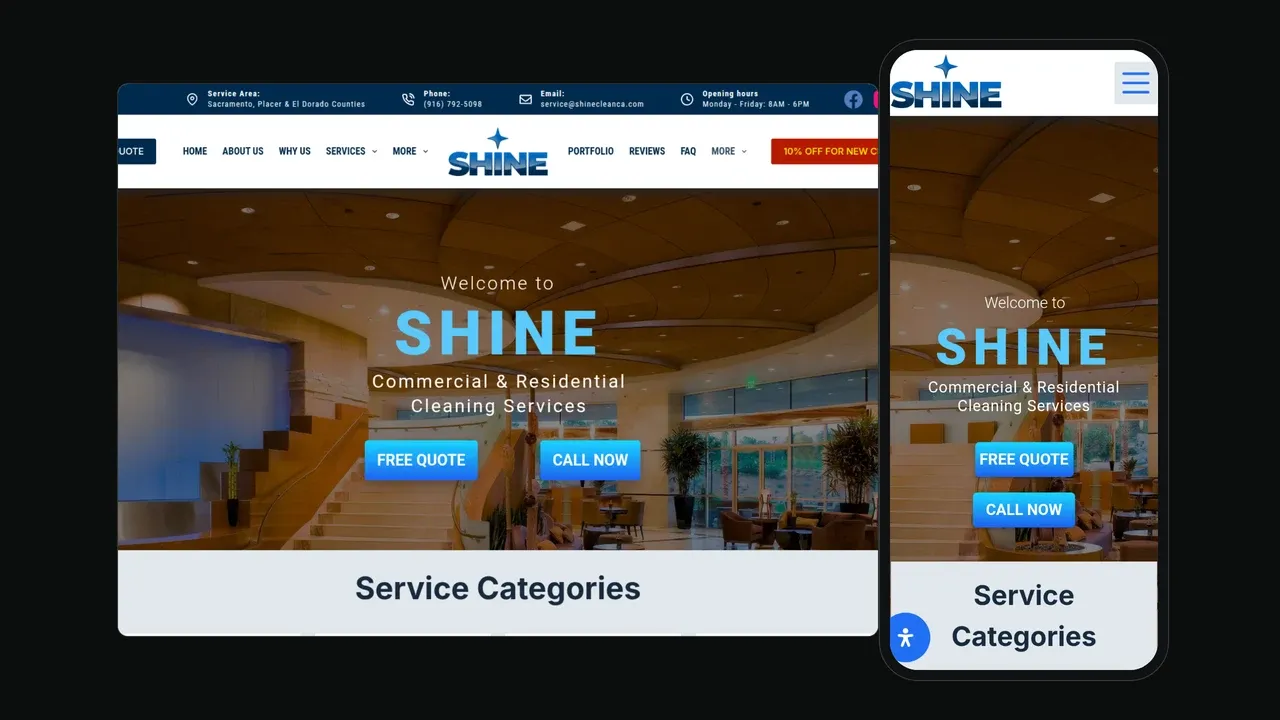 The Shine Cleaning Services website shown on a laptop and phone: a Welcome to Shine hero for commercial and residential cleaning with Free Quote and Call Now buttons over a photo of a bright lobby.
