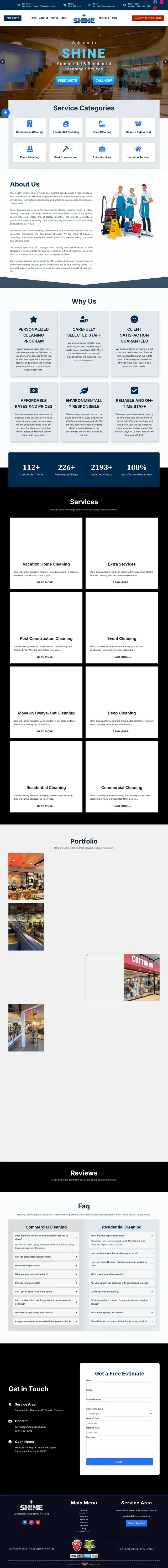Página de inicio de Shine Cleaning Services con mosaicos de categorías de servicios, tarjetas de Por Qué Nosotros, estadísticas como 2193+ clientes satisfechos, y tarjetas para servicios desde limpieza profunda hasta limpieza de eventos.