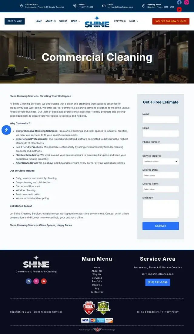 Página de limpieza comercial de Shine Cleaning Services que enumera servicios de oficina y minoristas como cuidado de alfombras y limpieza de ventanas junto a un formulario de Obtenga una Estimación Gratis.