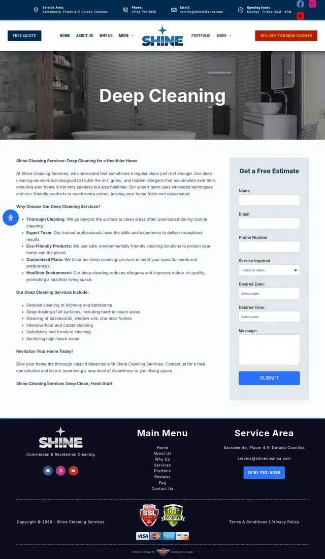 Página de limpieza profunda de Shine Cleaning Services con una imagen de héroe de baño, una lista de servicios como limpieza de zócalos y tapicería, y un formulario de Obtenga una Estimación Gratis.