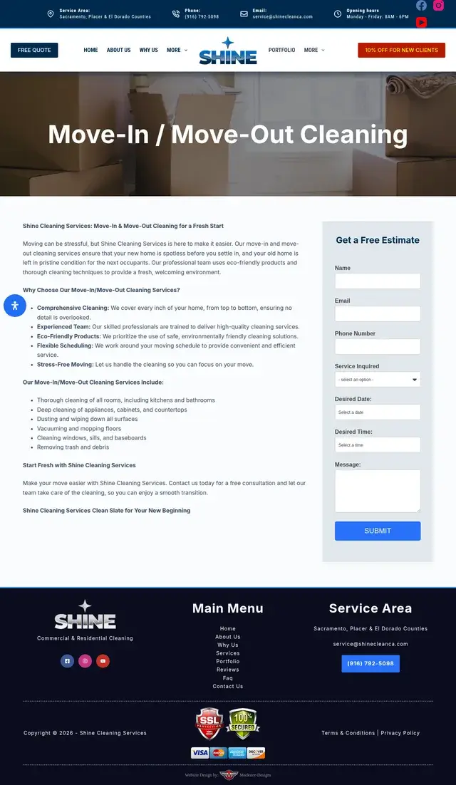 Página de limpieza de mudanza de entrada y salida de Shine Cleaning Services con un héroe de cajas de mudanza, una lista de verificación de servicios incluidos, y un formulario de Obtenga una Estimación Gratis.