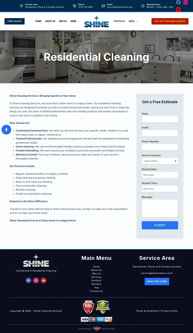 Página de limpieza residencial de Shine Cleaning Services con un héroe de cocina brillante, puntos de por qué elegirnos como limpieza ecológica, y un formulario de Obtenga una Estimación Gratis.