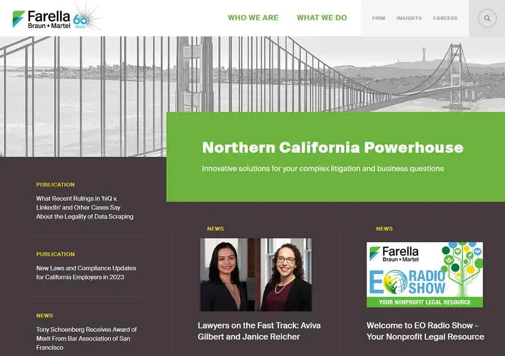Homepage of a law firm's website featuring a bridge image, with sections for publications and news; highlights include reports on U.S. litigation, California employment updates, and legal radio show information.