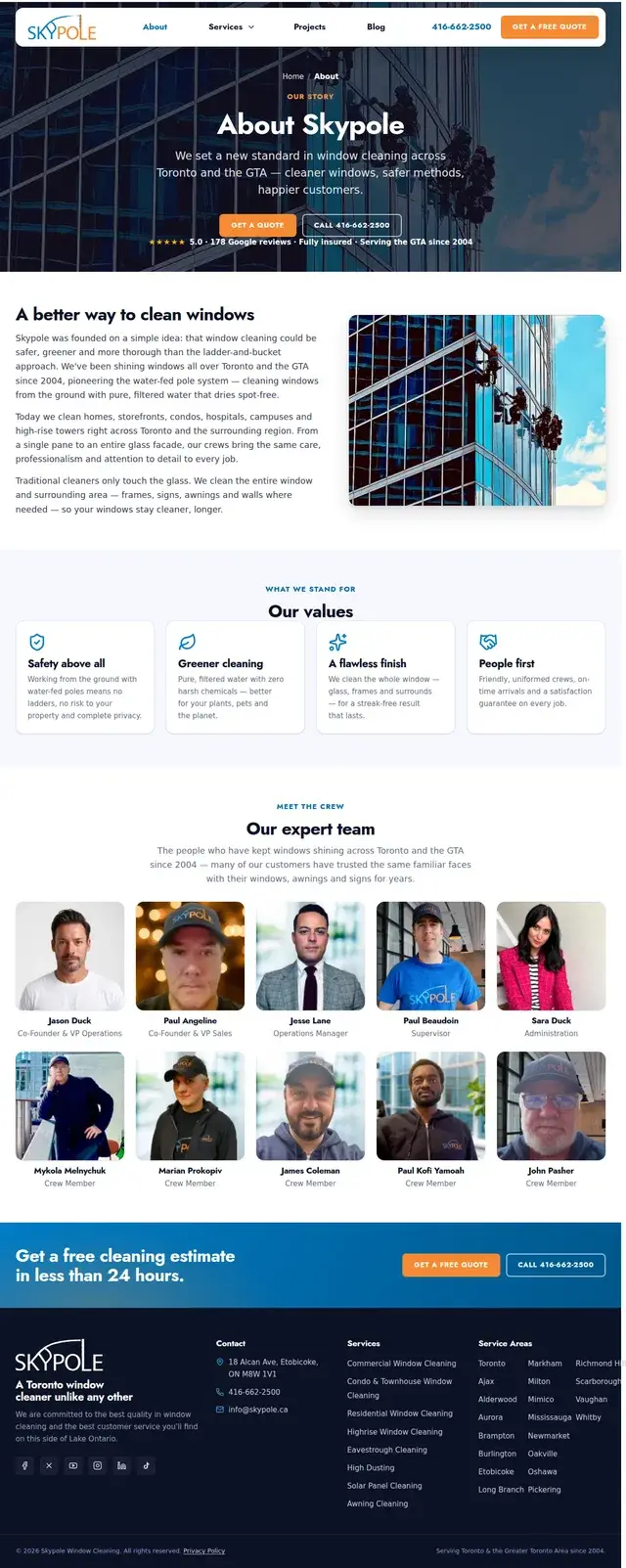 Skypole about page telling the company's story since 2004, listing values like safety and greener cleaning, and introducing team members with their photos.