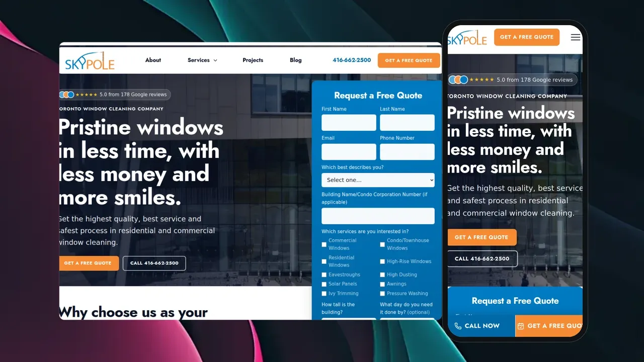 The Skypole website shown on a laptop and phone: a hero reading 'Pristine windows in less time, with less money and more smiles' beside a Request a Free Quote form and a 5.0 Google reviews badge.