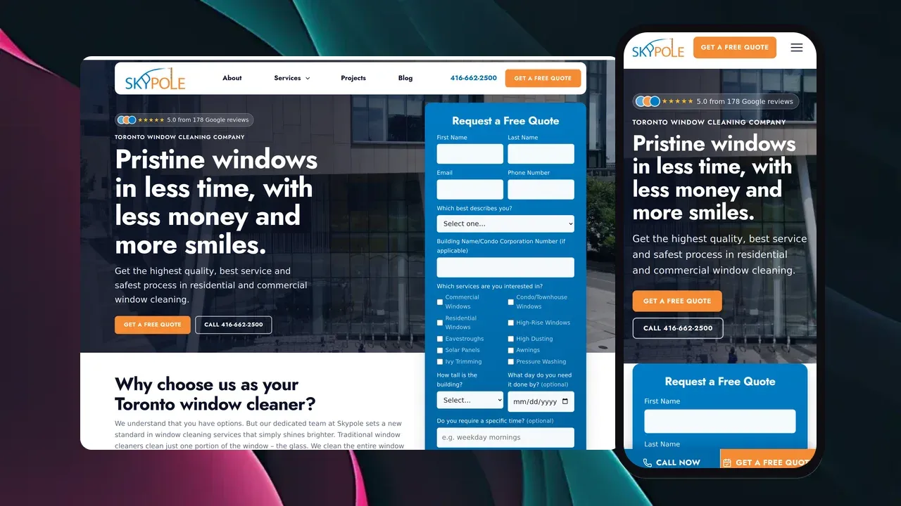 The Skypole website shown on a laptop and phone: a hero reading 'Pristine windows in less time, with less money and more smiles' beside a Request a Free Quote form and a 5.0 Google reviews badge.