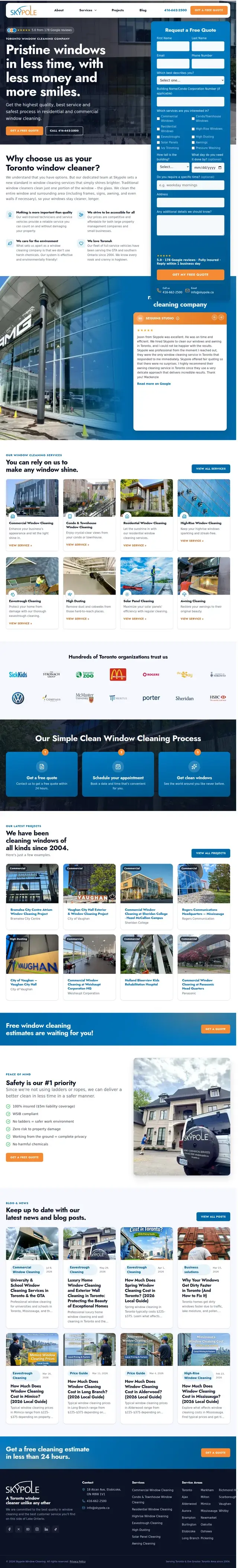 Skypole homepage with a quote request form, a grid of eight window cleaning services, logos of Toronto organizations like SickKids and Toronto Zoo, and recent cleaning projects.
