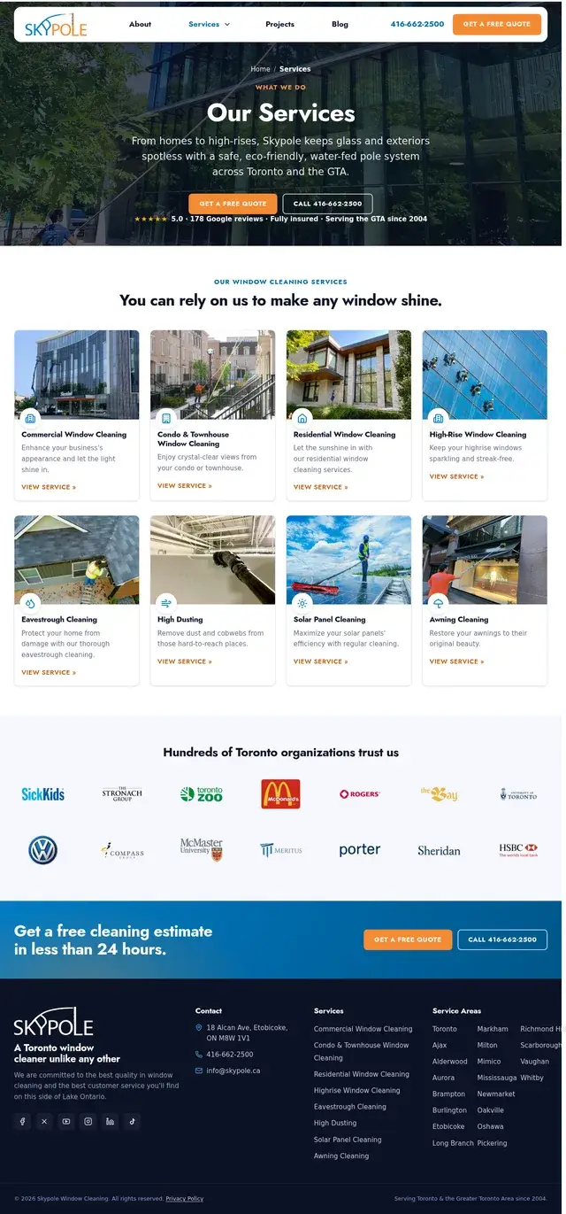 Skypole services page with cards for eight offerings including commercial, condo, residential, and high-rise window cleaning, eavestrough cleaning, and high dusting.