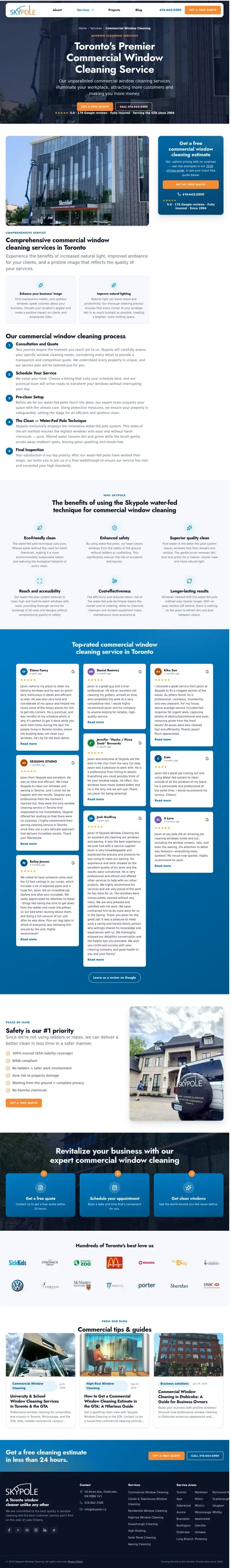Skypole commercial window cleaning page outlining a five-step process, the benefits of the water-fed pole technique, and Google reviews from Toronto clients.