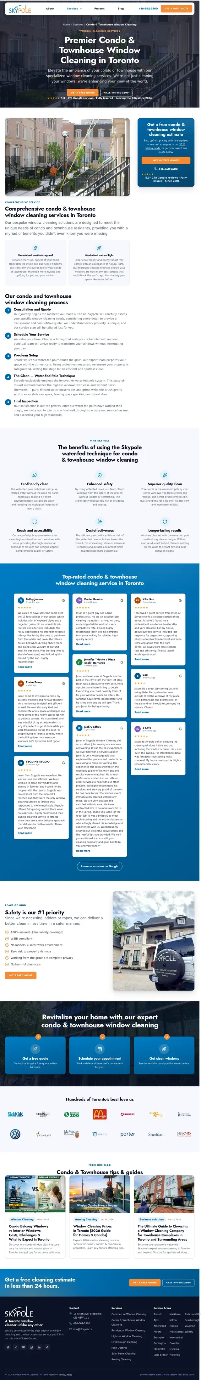 Skypole condo and townhouse window cleaning page describing the water-fed pole cleaning process and showing top-rated customer reviews from Toronto.