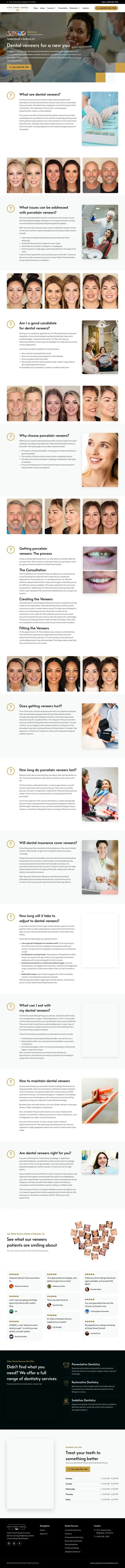 Página de carillas de State Street Dental respondiendo preguntas comunes sobre carillas de porcelana con filas de fotos de sonrisas de pacientes antes y después y el proceso de ajuste.