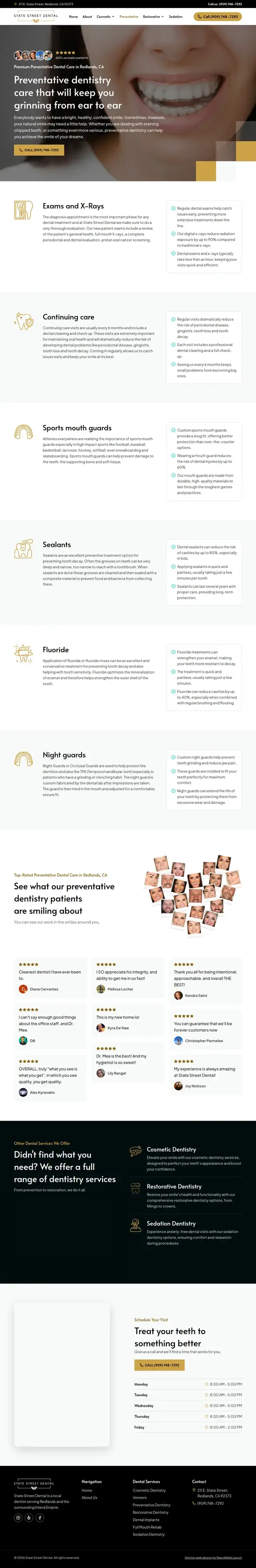 Página de odontología preventiva de State Street Dental cubriendo exámenes y radiografías, cuidado continuo, protectores bucales deportivos, selladores, flúor y protectores nocturnos.