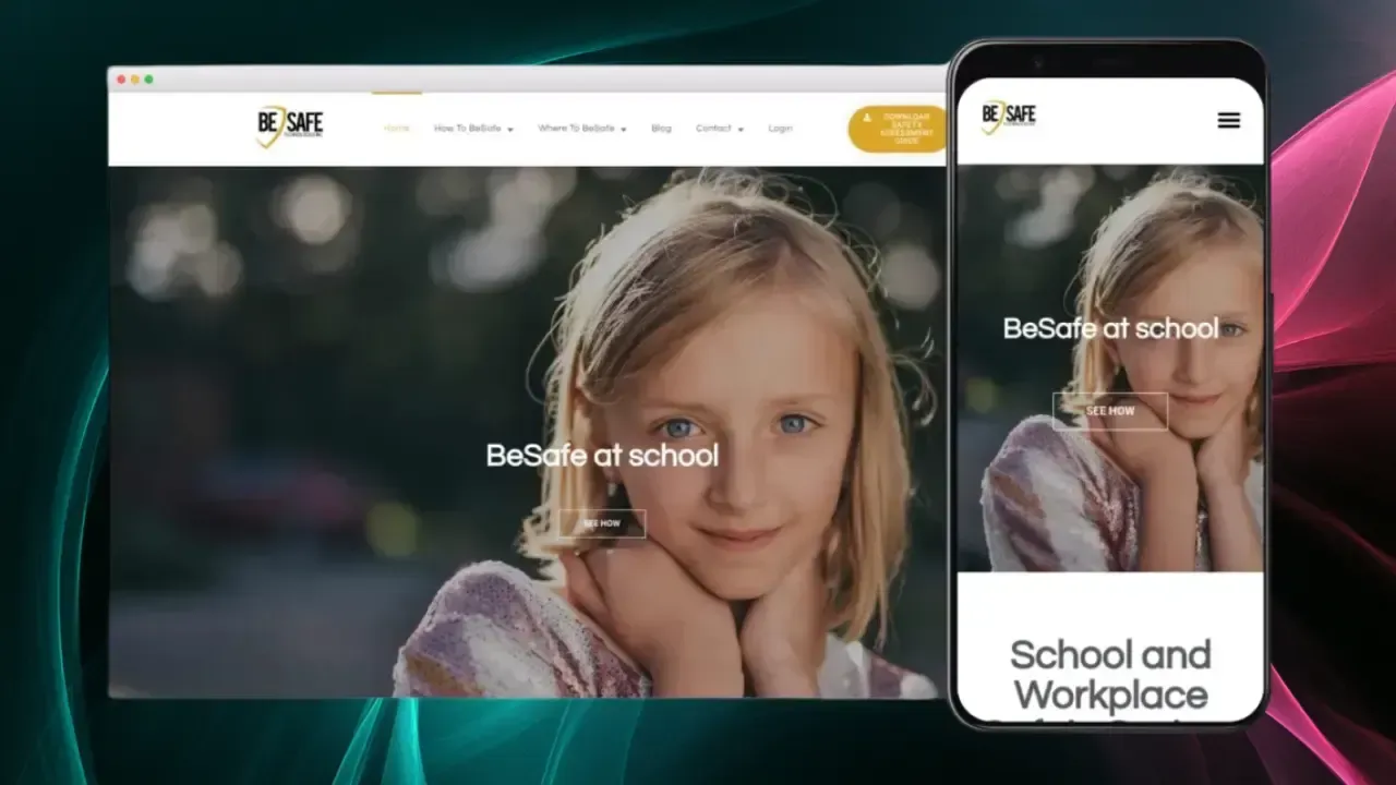 Una interfaz de sitio web y móvil que muestra a un niño sonriendo suavemente bajo el titular "BeSafe at School", reflejando un enfoque en la seguridad en entornos educativos.