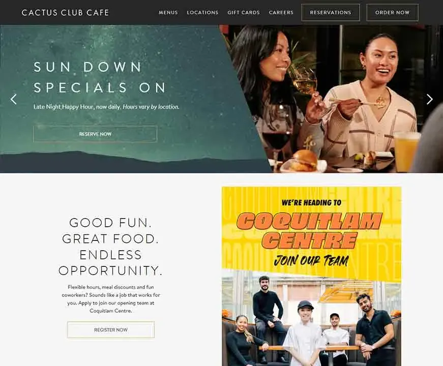 The website of Cactus Club Cafe displays a banner promoting "Sun Down Specials" with a nighttime starry background, a section featuring smiling people enjoying a meal with drinks, a caption about fun and opportunities, and a colored advertisement for joining a team at Coquitlam Centre with a group of people posed cheerfully.