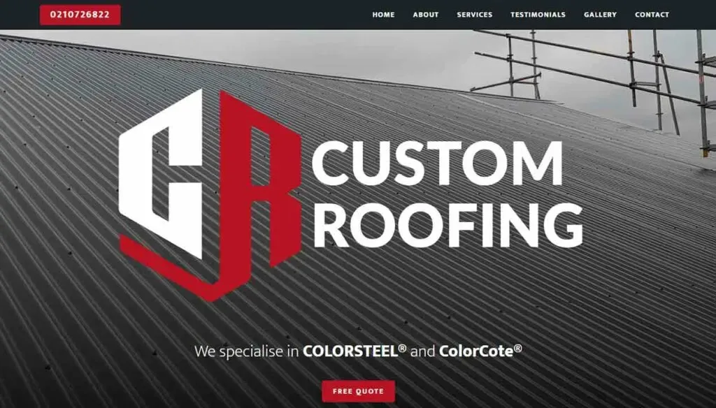 Custom Roofing website homepage featuring the logo and text promoting steel roofing services, with a background image of a corrugated metal roof and scaffolding.