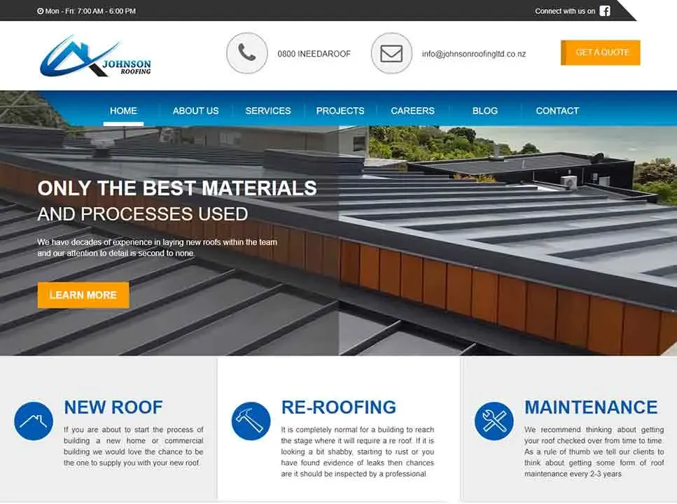 A modern roofing company website homepage features a sleek black and orange color scheme, showcasing sections for services such as new roof installation, re-roofing, and maintenance, alongside a prominent call-to-action button for learning more.