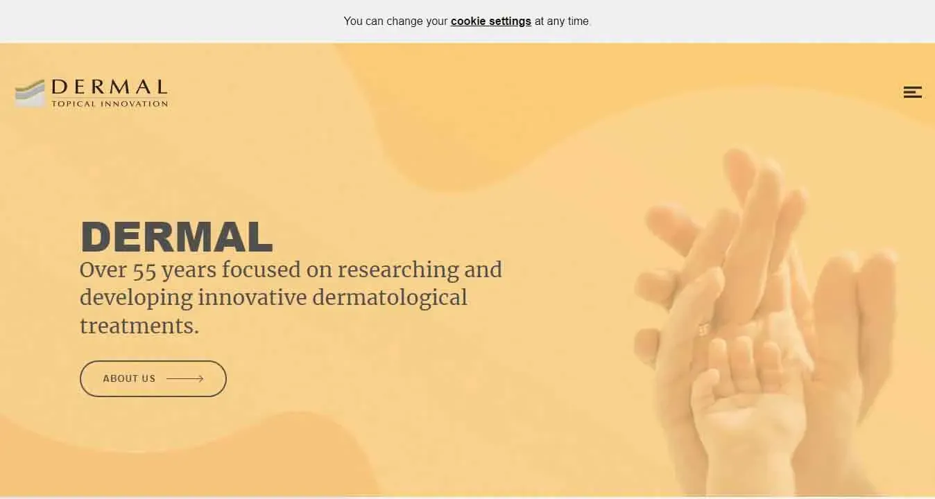 A pair of adult hands gently supports a child's hands against a soft, peach-colored background, with text promoting over 55 years of research in dermatological treatments.