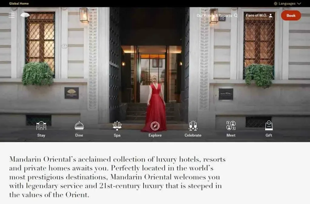 A person in a flowing red dress stands in front of the grand entrance of the Mandarin Oriental, a luxury hotel featuring elegant architecture and warm lighting.