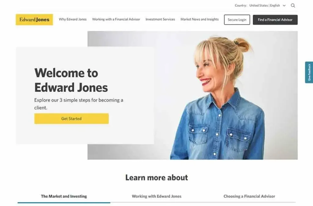 The image shows the Edward Jones website homepage with a main banner featuring a smiling person in a denim shirt, text "Welcome to Edward Jones," and a yellow "Get Started" button, emphasizing financial advising services.