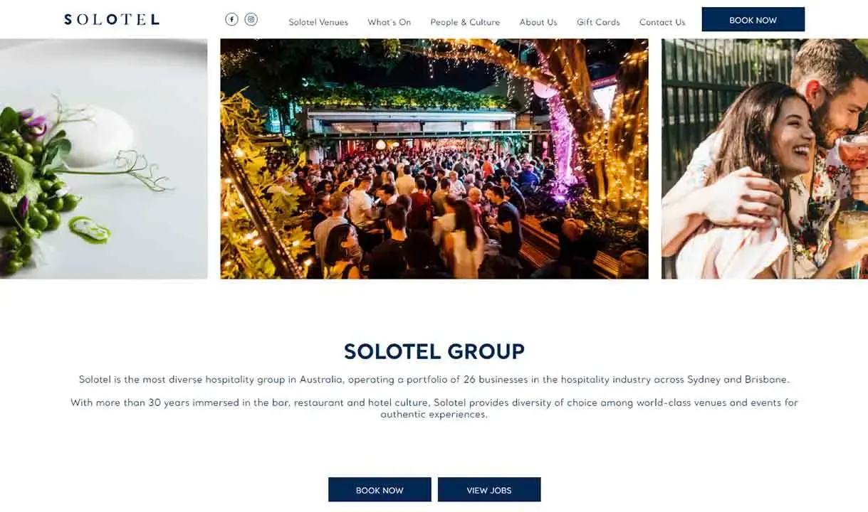 Solotel Group homepage displaying information about hospitality venues, featuring an image of a lively, crowded event at night with colorful lighting, and a section highlighting career opportunities.