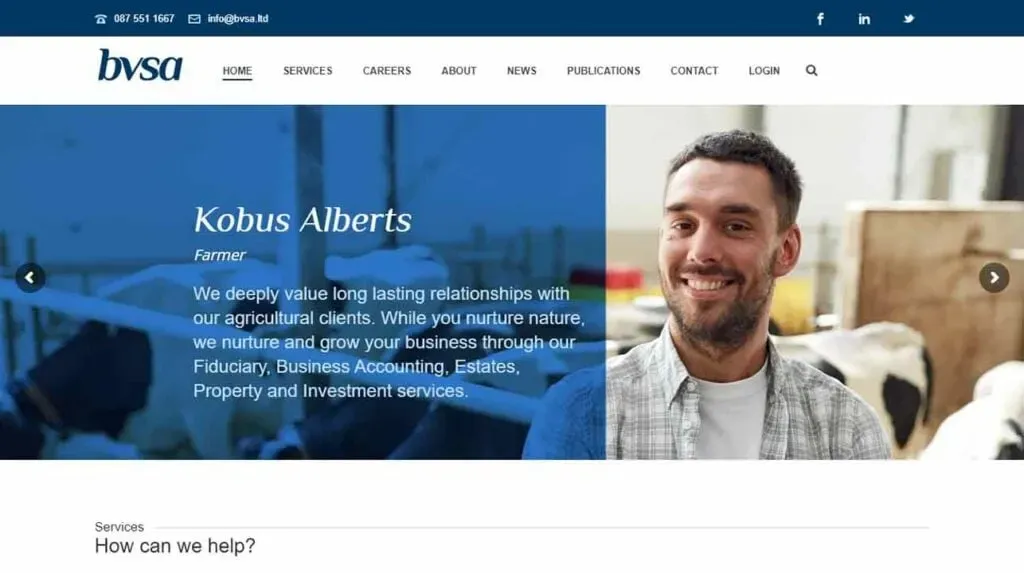 A smiling man stands in a modern office setting, with a website's navigation bar visible displaying links to services like Fiduciary, Business Accounting, and Property Investment, suggesting themes of agriculture and client relationships.