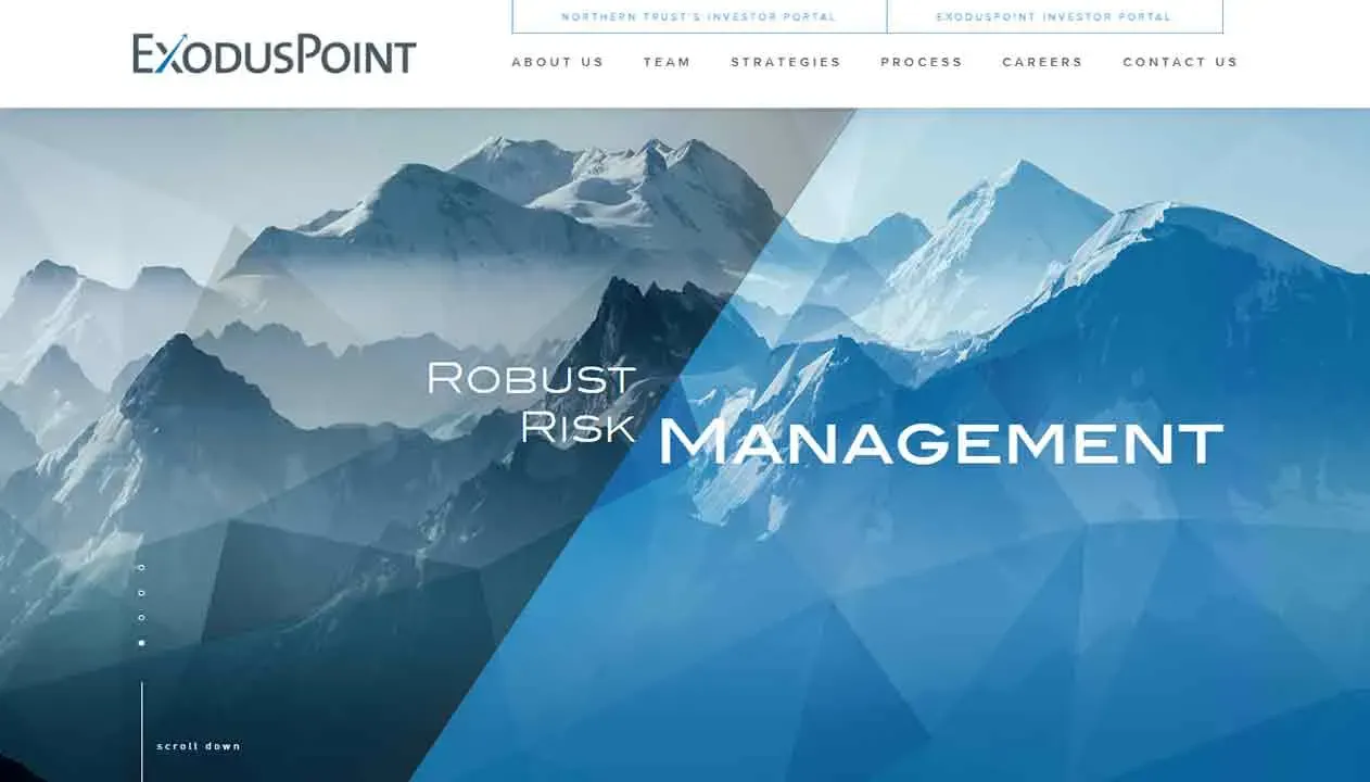 A stunning mountain range with snow-covered peaks forms the backdrop of a financial advisory website's homepage, featuring geometric overlays and the highlighted text, "Robust Risk Management," embodying the theme of stability and strategic planning.