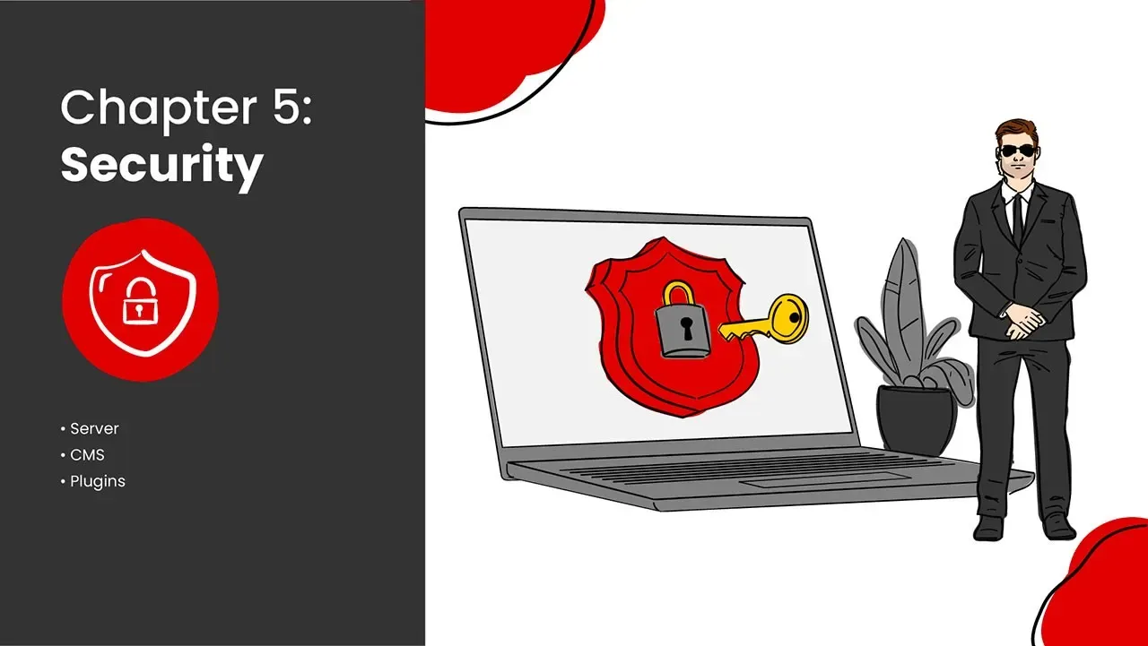 Capítulo 5 Banner de Seguridad: guardaespaldas con traje al lado de una laptop mostrando un escudo, candado y llave