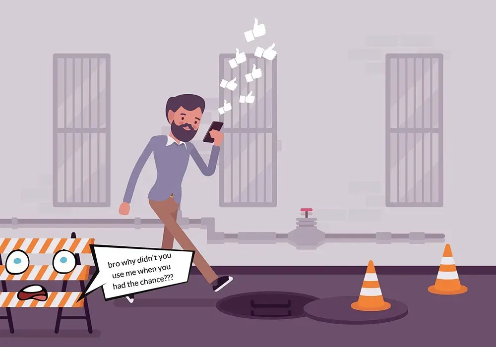 Hombre en el teléfono persiguiendo "me gusta" hacia una alcantarilla abierta mientras una barricada pregunta por qué la ignoró
