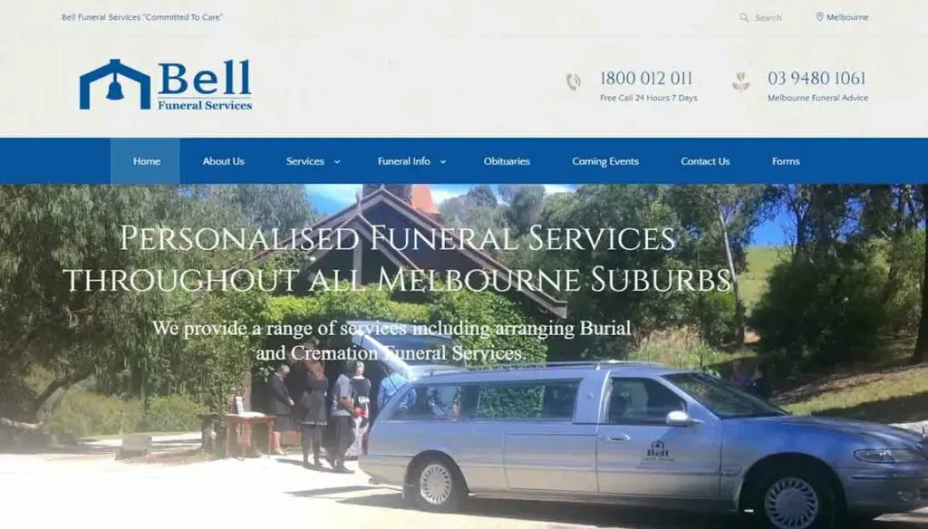 A funeral service website homepage displaying a banner image with a silver hearse parked in front of a chapel and several people standing nearby, promoting personalized funeral services in Melbourne suburbs and offering burial and cremation options.