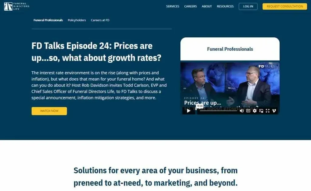 Screenshot of a podcast webpage titled "FD Talks Episode 24: Prices are up...so, what about growth rates?" featuring a video thumbnail with host Rob Davidson and guest, along with navigation links and a consultation request button on a dark blue background.