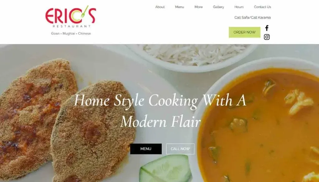 Two breaded and fried fish fillets are served alongside a bowl of vibrant curry and a dish of steaming white rice on a table, showcasing a blend of Goan, Mughlai, and Chinese cuisine with the restaurant's logo at the top.