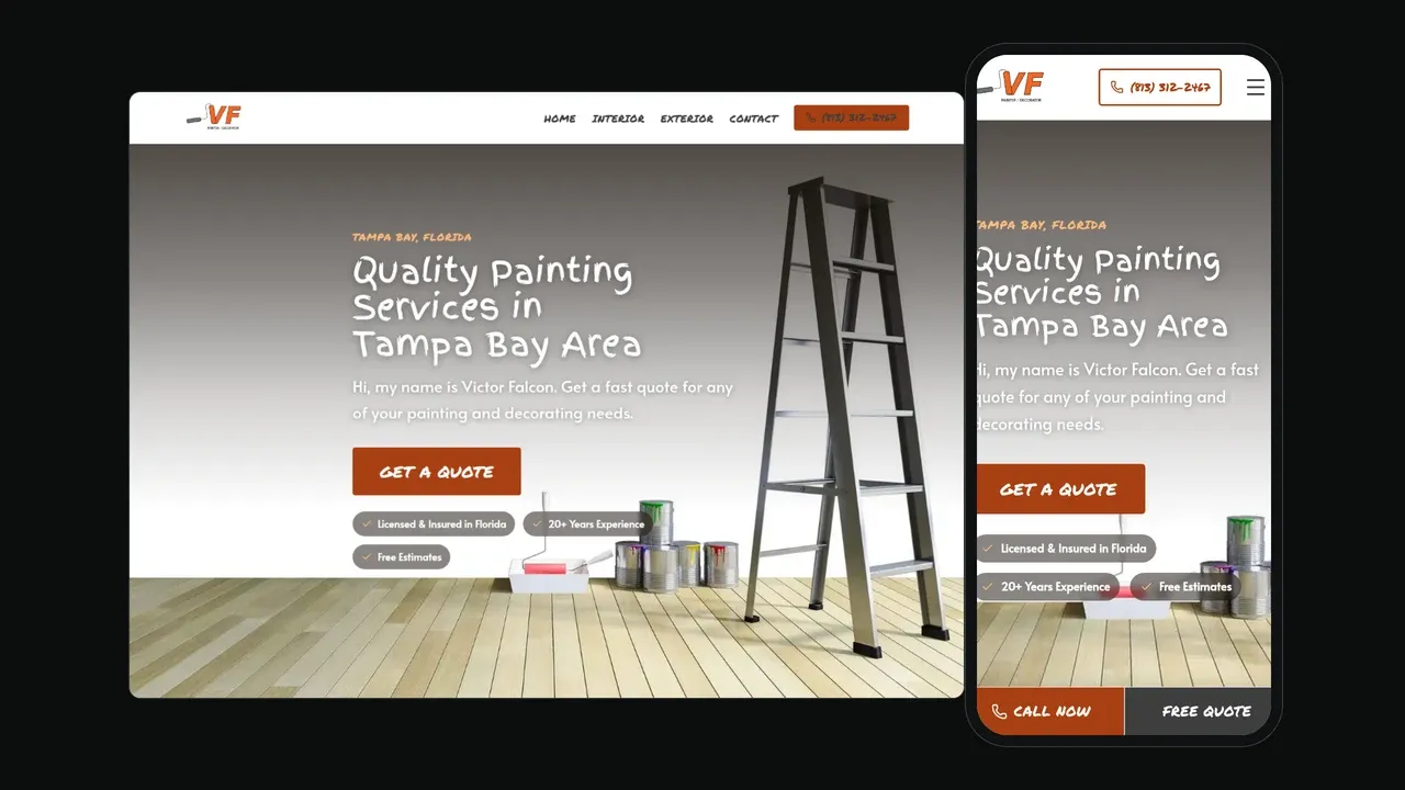 The VF Painter website shown on a laptop and phone: a hero reading Quality Painting Services in Tampa Bay Area with a stepladder and paint cans, a Get A Quote button, and badges for licensing and 20+ years of experience.