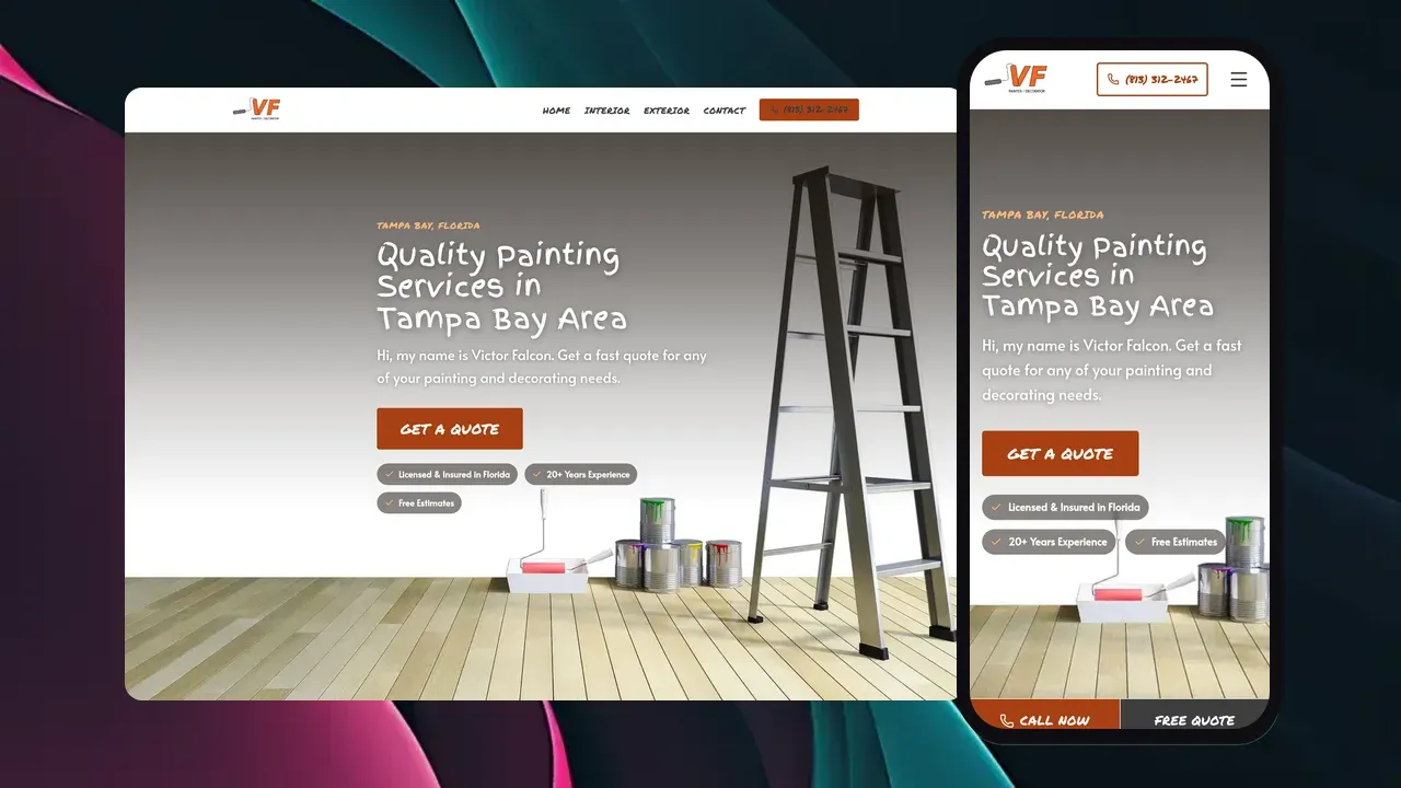 The VF Painter website shown on a laptop and phone: a hero reading Quality Painting Services in Tampa Bay Area with a stepladder and paint cans, a Get A Quote button, and badges for licensing and 20+ years of experience.