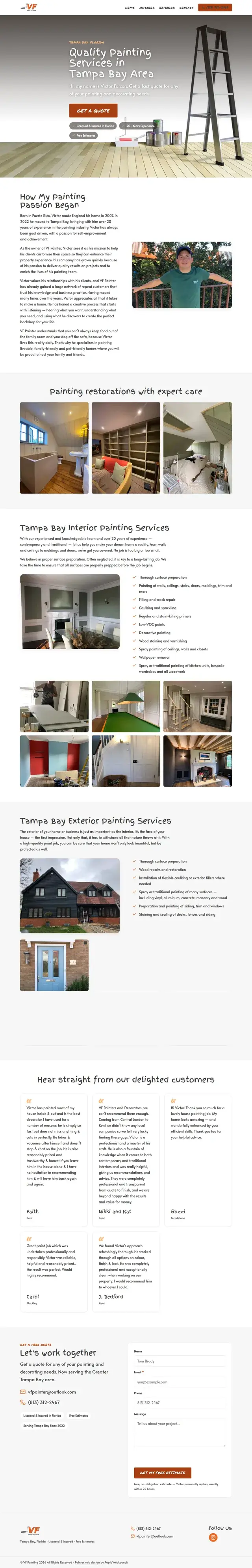 Página de inicio de VF Painter contando la historia del propietario Víctor Falcón, con galerías de fotos de proyectos de pintura interior y exterior en Tampa Bay y testimonios de clientes.