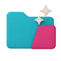 Icon of a two-toned folder, blue and pink, with sparkles, representing organization or file management.