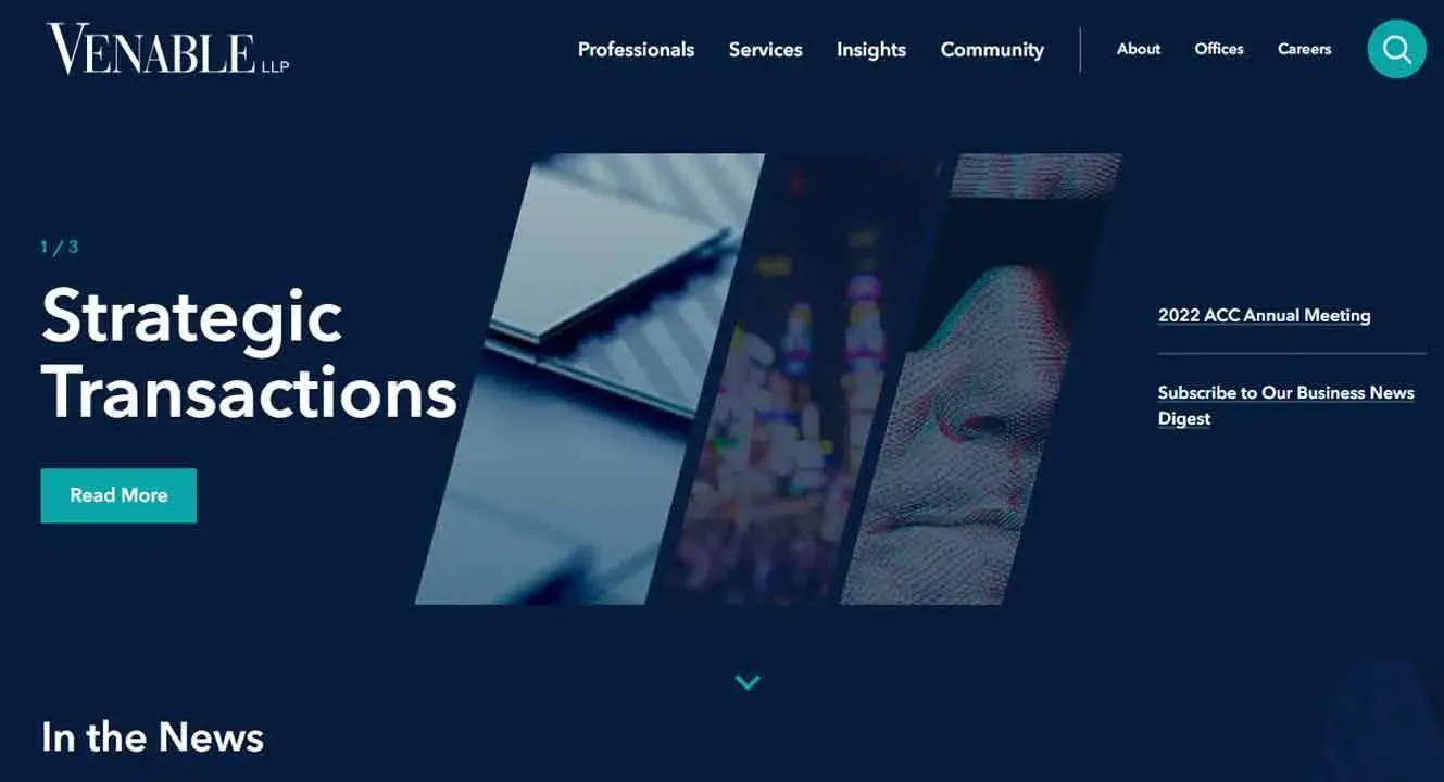 This image features a professional website homepage for a law firm, displaying a dark-themed design with a navigation menu at the top and sections titled "Strategic Transactions" and "In the News," along with various call-to-action buttons.
