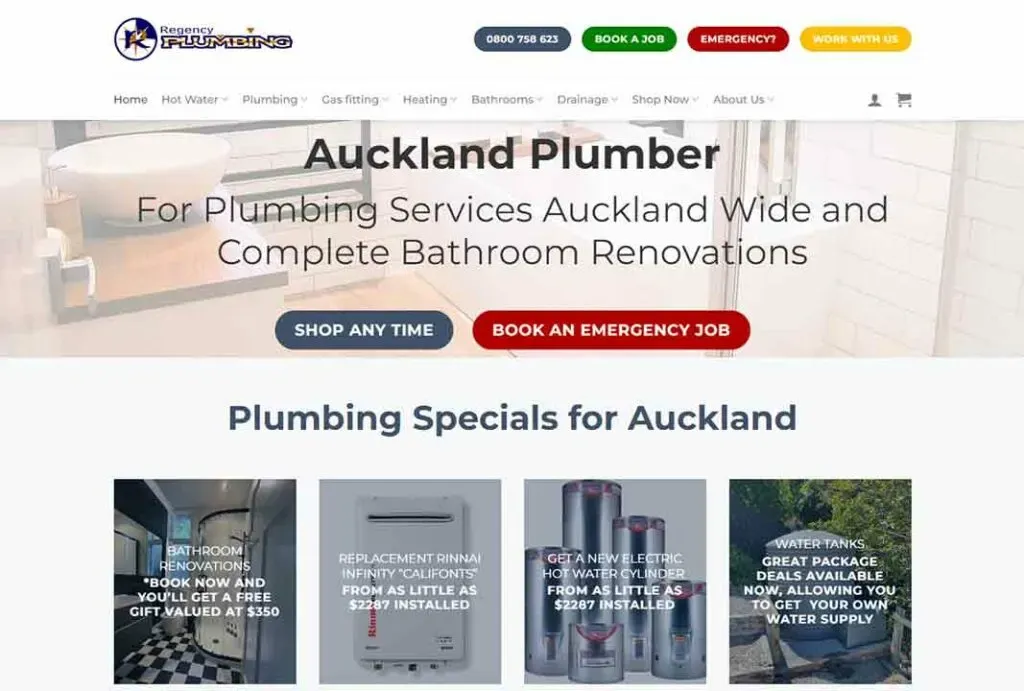 A website homepage for a plumbing service in Auckland showcasing a header with a contact number and emergency button, followed by a promotional banner titled "Auckland Plumber" offering wide-ranging plumbing services and bathroom renovations, and displaying special offers for plumbing services with images and prices.