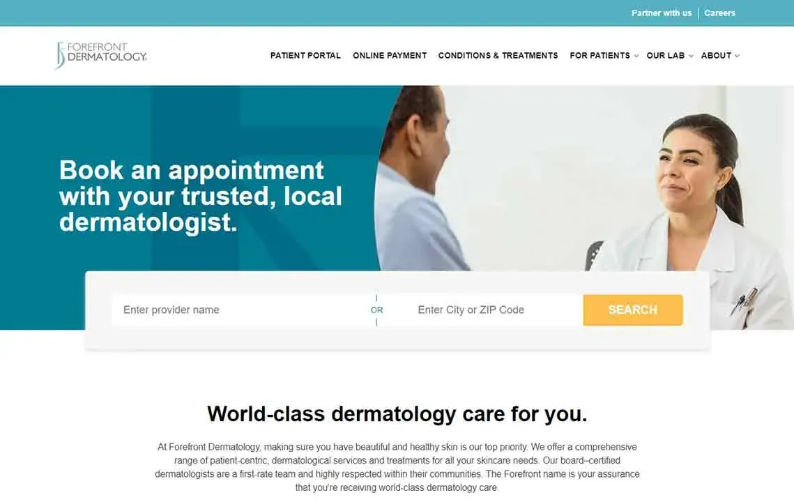 A dermatologist consults with a patient in a medical office setting, highlighted by the text promoting appointment booking with a trusted local dermatologist, accentuated by a search tool for finding providers.