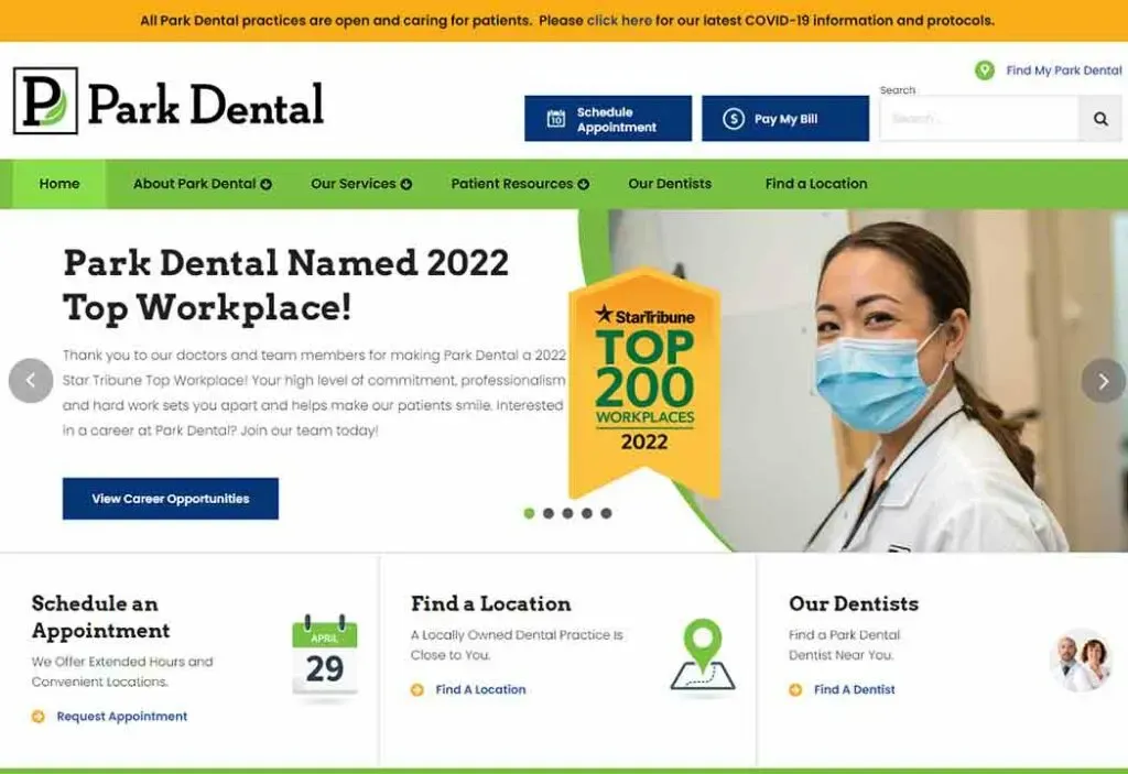 The image shows a homepage of a dental clinic's website featuring a smiling healthcare professional wearing a mask, with a banner announcing "Park Dental Named 2022 Top Workplace" alongside navigation options for scheduling appointments and finding locations.