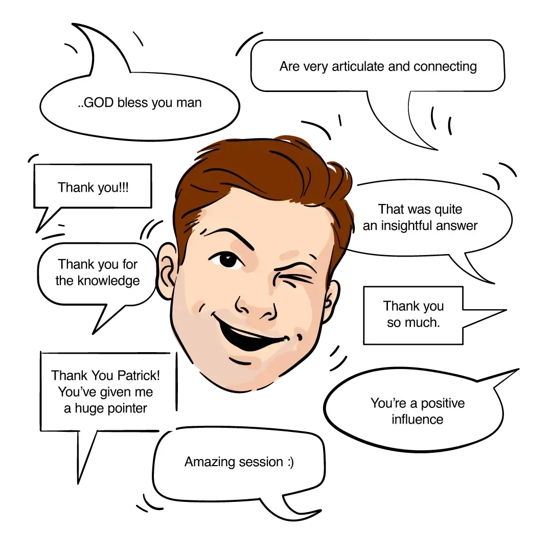 A cartoonish character with a smiling face surrounded by speech bubbles with various text.