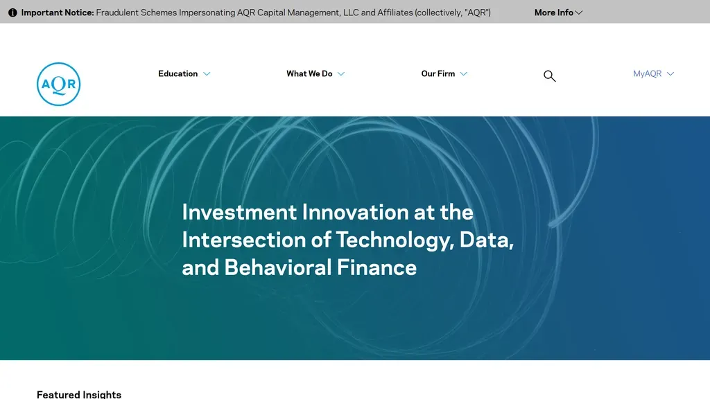 AQR Capital Management homepage with the headline "Investment innovation at the intersection of technology, data, and behavioral finance"