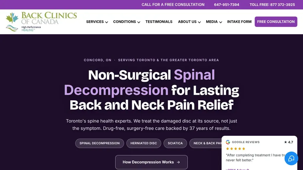 Back Clinics of Canada sitio web